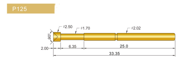 P125-D探针尺寸、P125探针尺寸、 2.0探针尺寸、大圆头探针、测试探针、顶针、弹簧探针