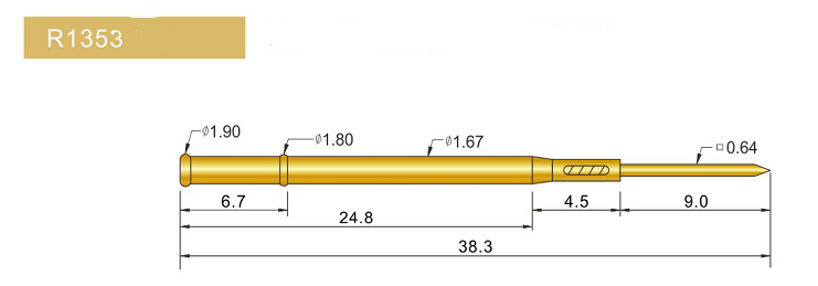 R1353-W探针套管、1.67mm测试针、总长38.3mm、弹簧针套管图片、测试针套管图片、顶针套管图片、探针套管图片